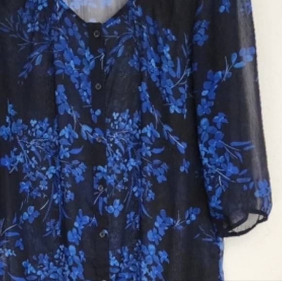 Express Brand Women's Sheer Overlay Dress Blue & Black Print Button-down Size L - Picture 5 of 6